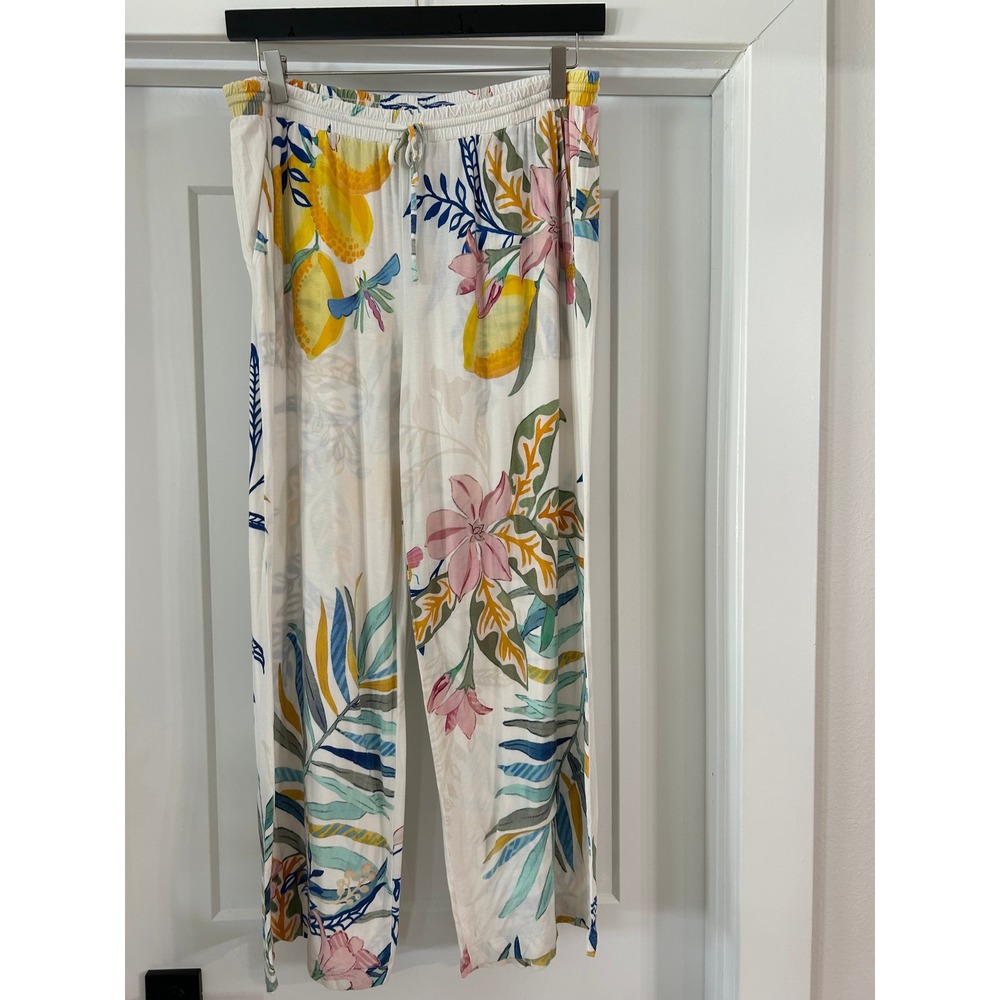 Soma Cool Nights Tropical Citrus Ivory Lemon Floral Pajama Pants Large Lounge